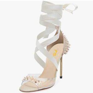 FSJ Grey High Heel Ankle Strap Sandals Pointed Toe Rivets PVC Club Dress Shoes